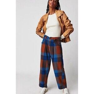 Free People Cass Slouch Plaid Slouchy Trousers, Brown Blue Combo Size 6 $148